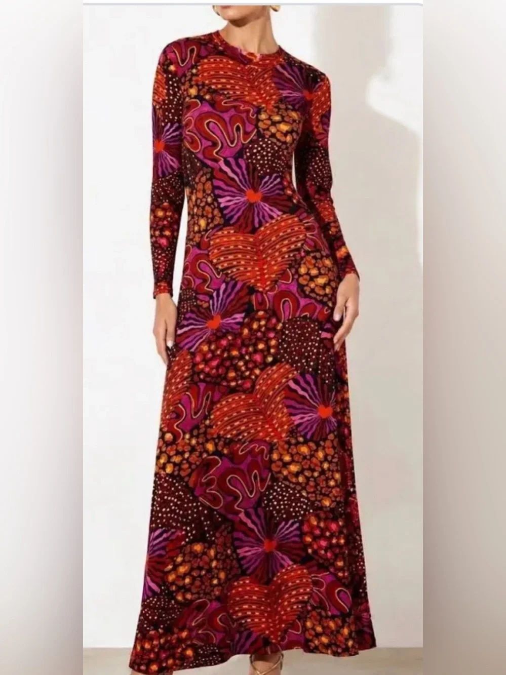 Farm Rio Leopard Hearts long-sleeve midi dress red and orange colors